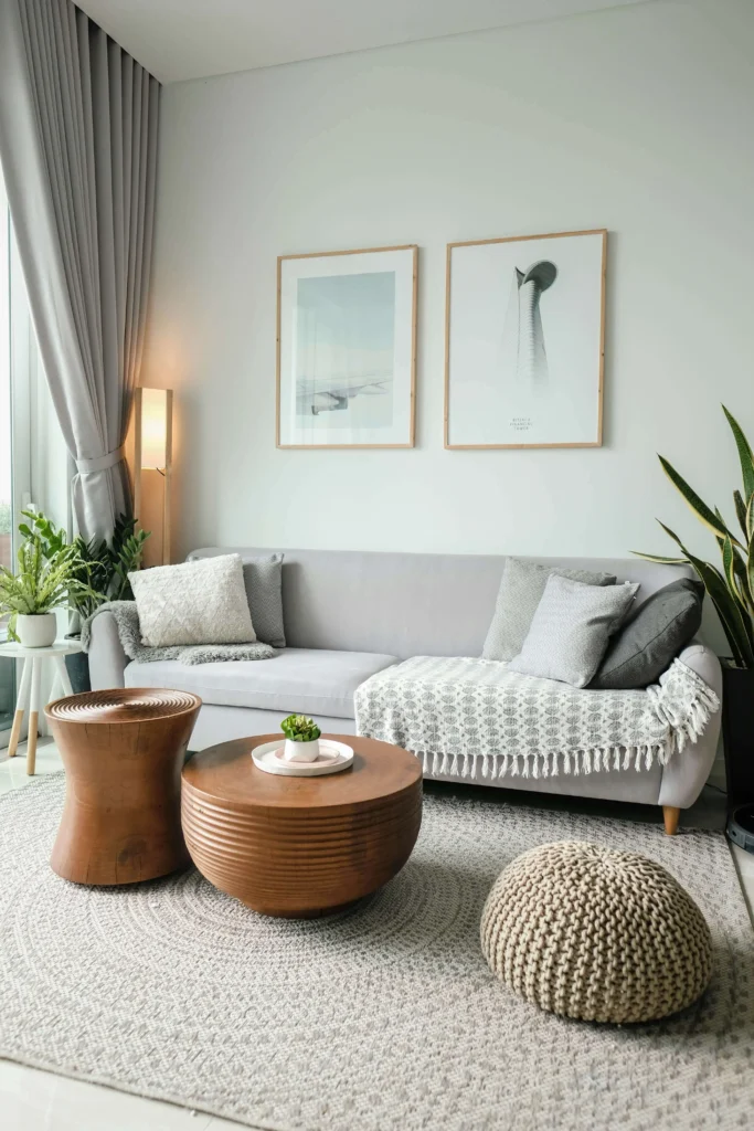 Cozy living room with a clean and minimalist design, showcasing spotless furniture and a dust-free ambiance - San Francisco cleaning services.